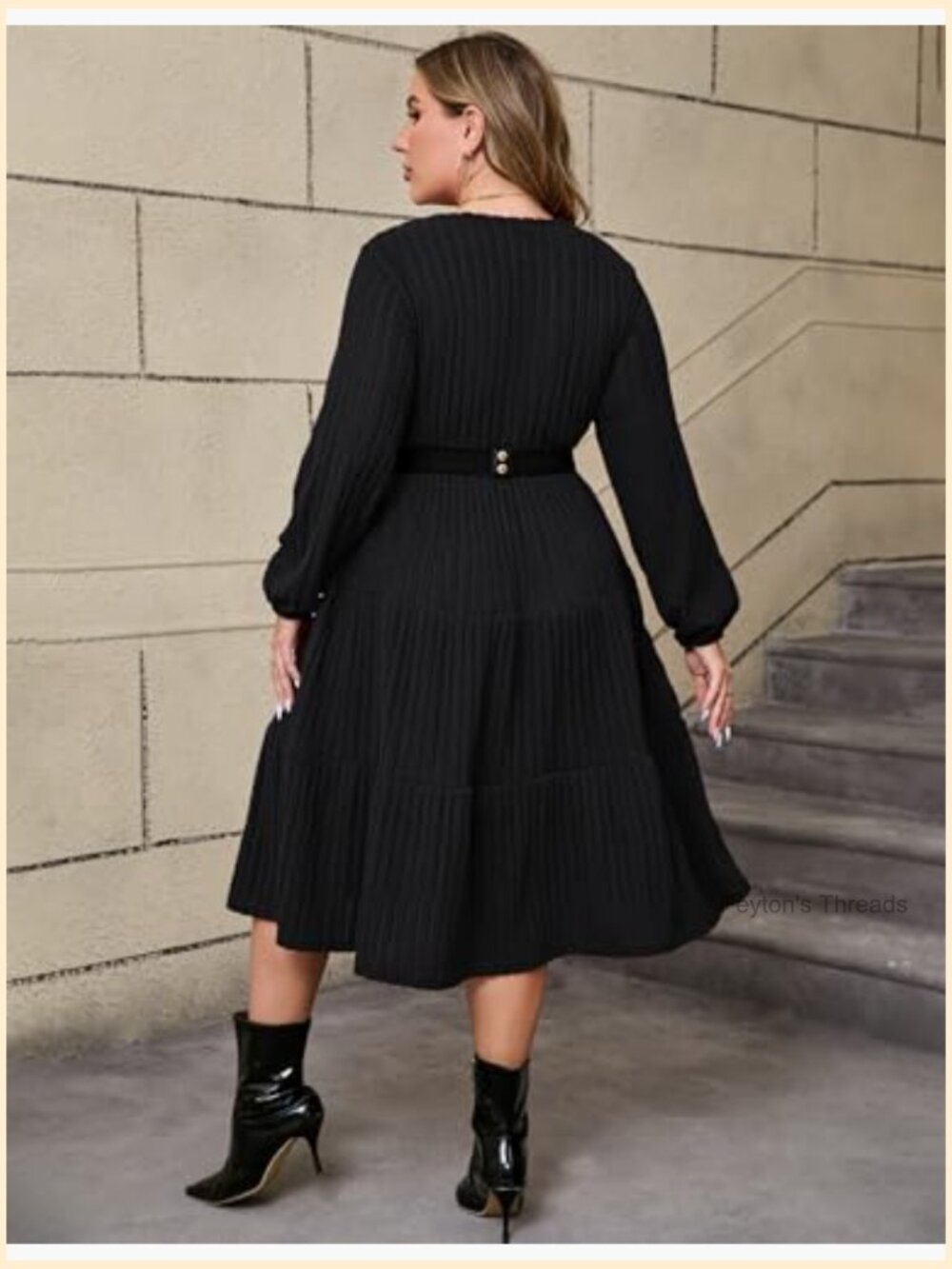 Women Plus Size Knit Sweater Dress Round Neck Long Sleeves Midi Dress with Belt - Picture 6 of 6